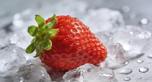 An IQF frozen strawberry resting on ice with visible moisture, representing cold-chain handling