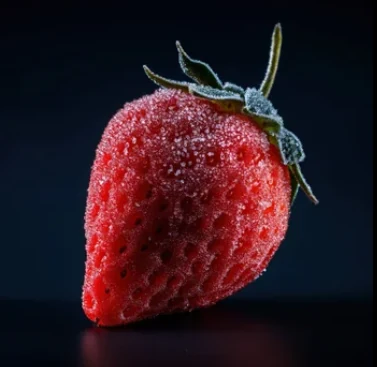Close-up of a single frost-covered Frozly IQF frozen strawberry against a dark background